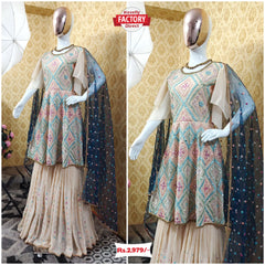 Cream Coloured Embroidered Kurtha Sharara Dupatta Set