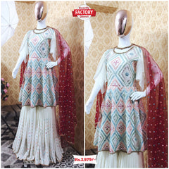 White Embroidered Kurtha Sharara Dupatta Set