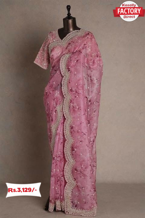 Pink Designer Organza Embroidered Saree