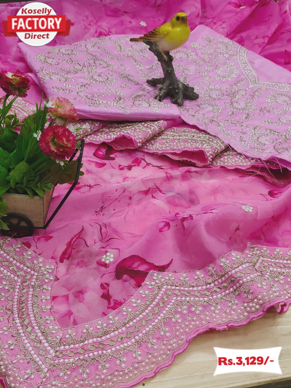 Pink Designer Organza Embroidered Saree