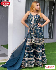 Teal Embroidered Kurtha Sharara Dupatta Set