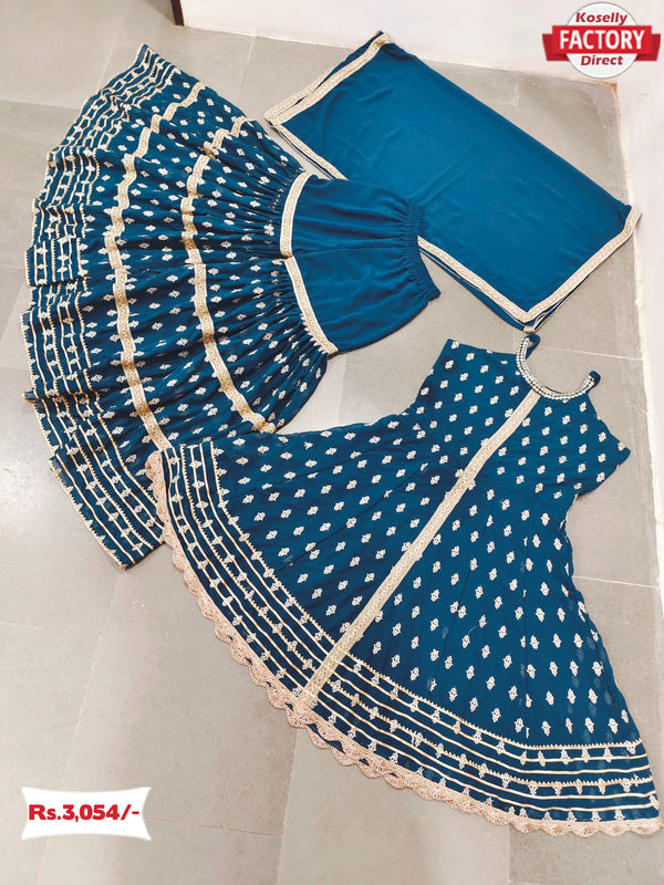 Teal Embroidered Kurtha Sharara Dupatta Set