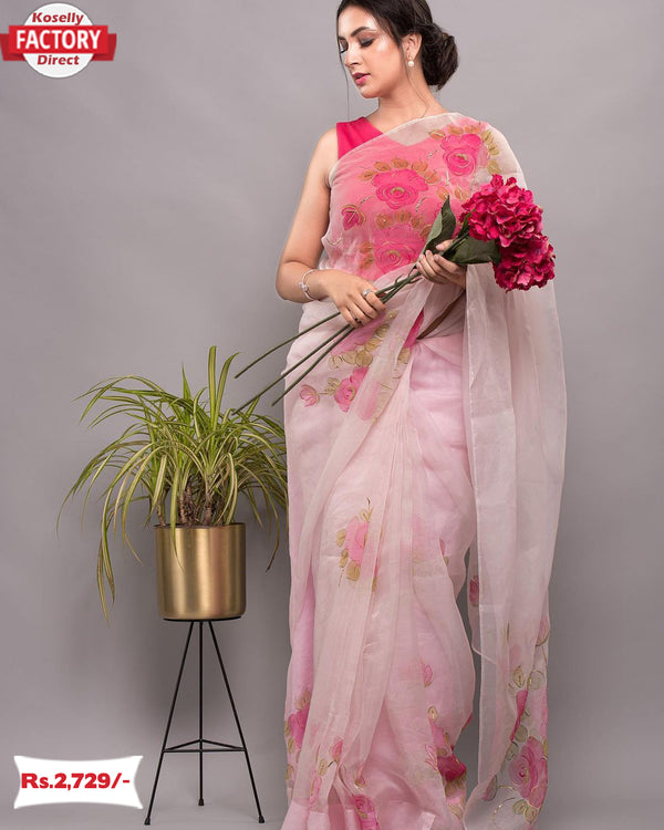 Designer Pink Organza Floral Saree