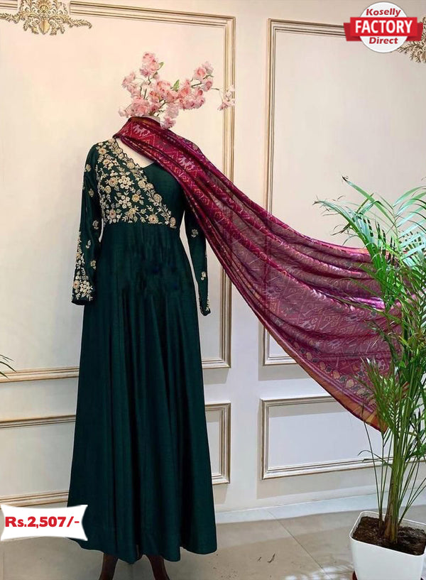 Green Blue Embroidered Gown with Dupatta