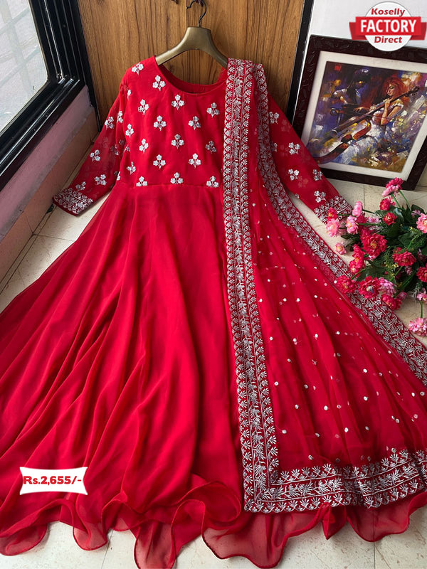 Red Embroidered Gown with Dupatta