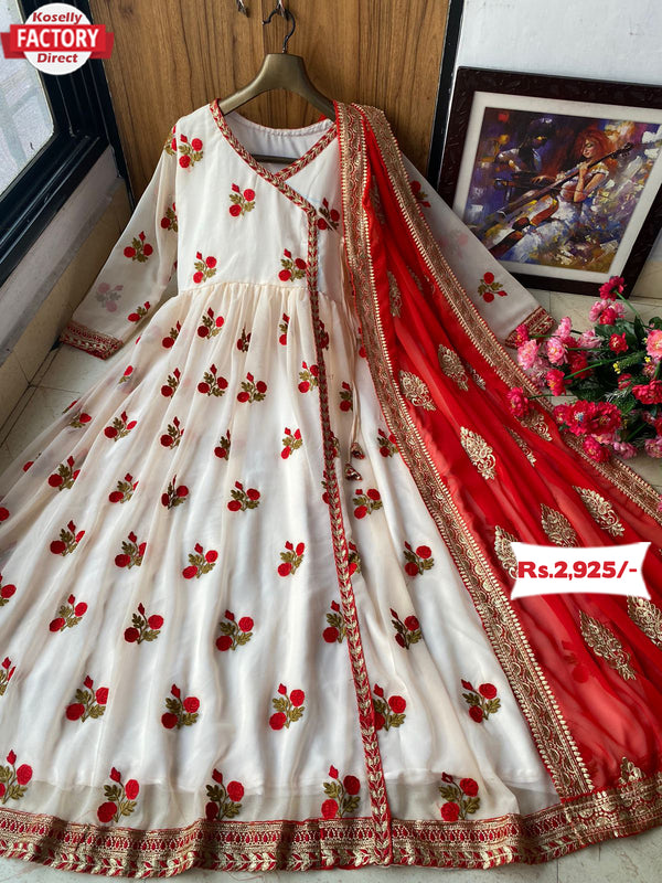 White Embroidered Anarkali Gown with Fancy Dupatta