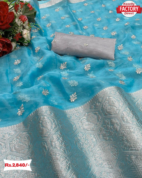 Blue Organza Saree With Sequins Embroidery