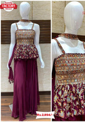Wine Peplum Kurtha Sharara Set