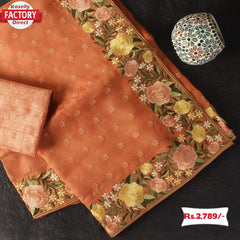 Mild Orange Soft Silk Fabric With Embroidered Lace