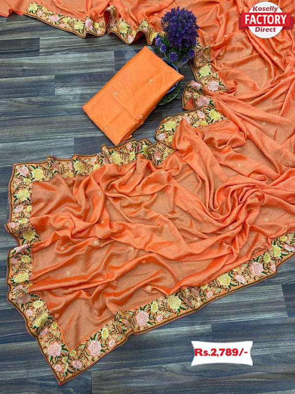 Mild Orange Soft Silk Fabric With Embroidered Lace