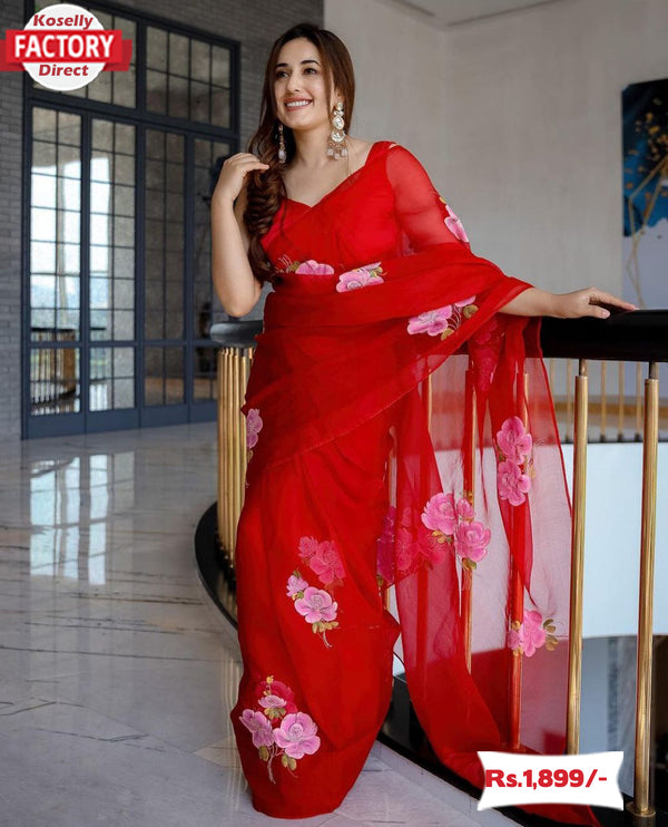 Designer Red Organza Floral Saree
