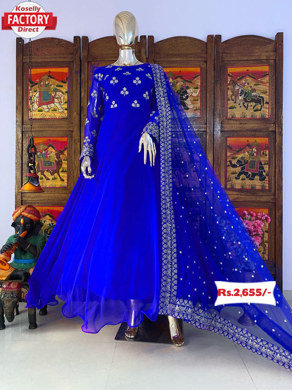 Blue Embroidered Gown with Dupatta