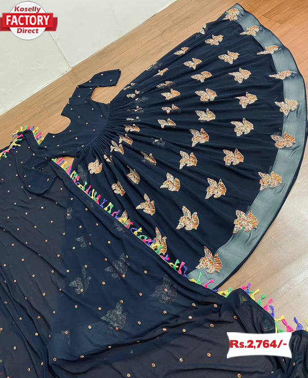 Navy Blue Embroidered Gown with Dupatta