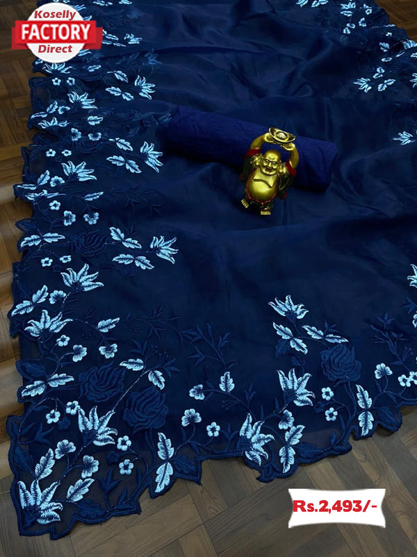 Deep Blue Pure Organza Embroidered Saree