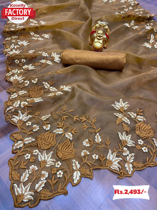 Golden Pure Organza Embroidered Saree