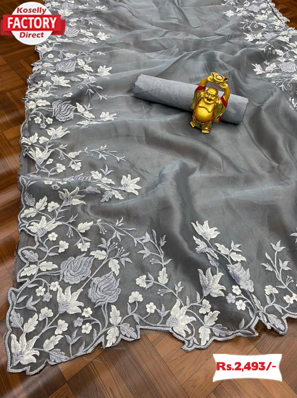 Silver Pure Organza Embroidered Saree