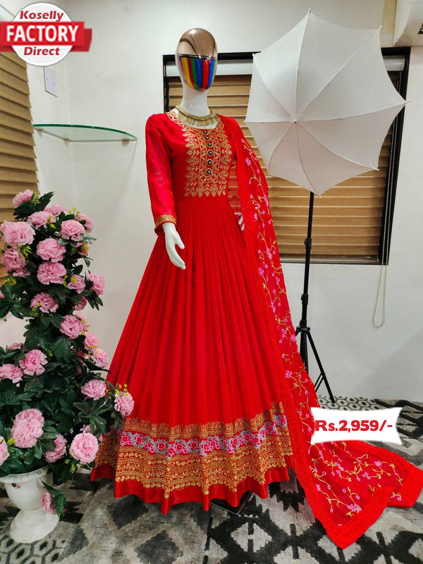 Red Embroidered Gown with Dupatta