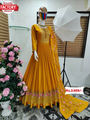 Mustard Yellow Embroidered Gown with Dupatta