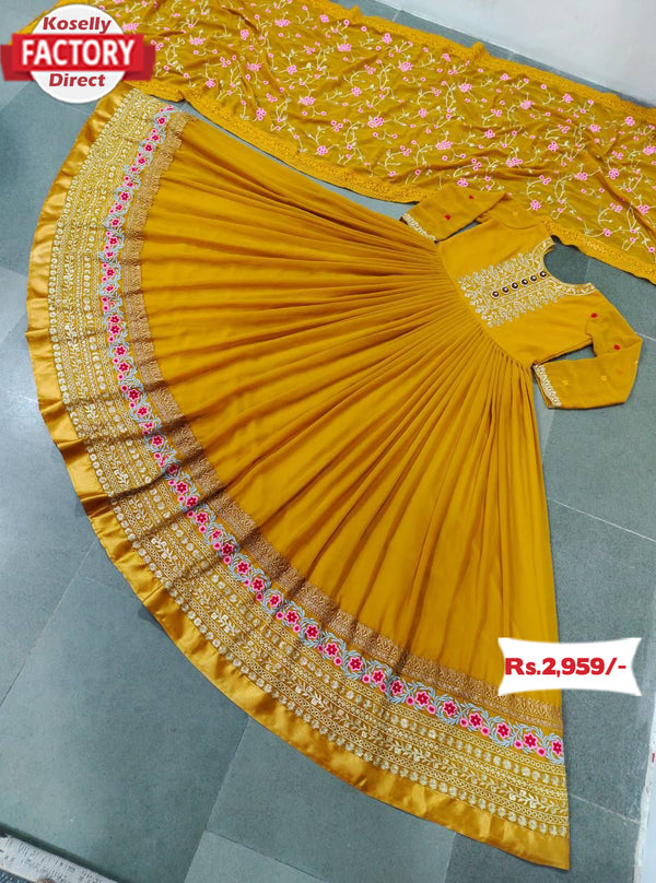 Mustard Yellow Embroidered Gown with Dupatta