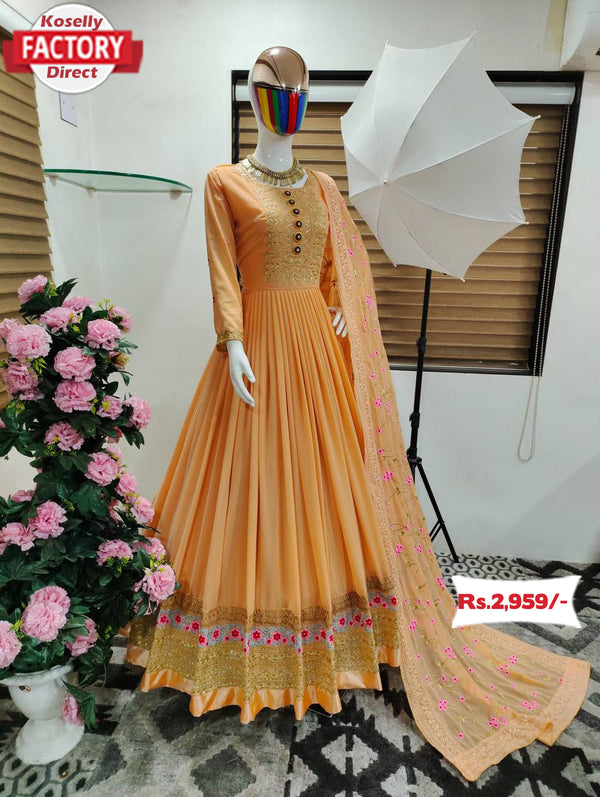 Faded Orange Embroidered Gown with Dupatta