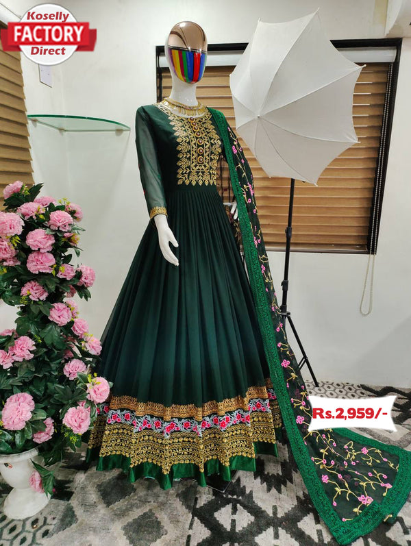 Dark Green Embroidered Gown with Dupatta