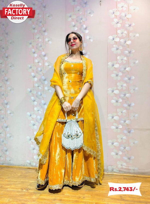 Yellow Velvet Kurtha Palazzo Dupatta Set