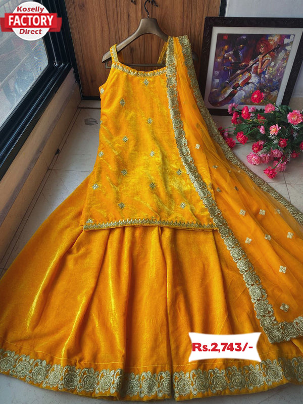 Yellow Velvet Kurtha Palazzo Dupatta Set
