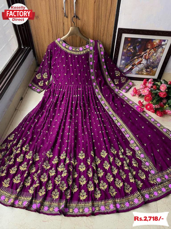 Wine Embroidered Gown with Dupatta