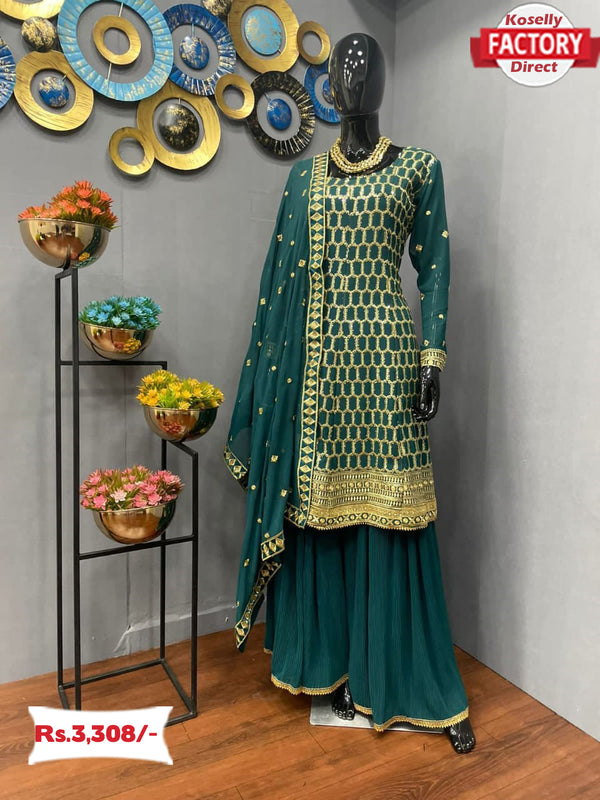 Dark Green Designer Kurtha Sharara Dupatta Set