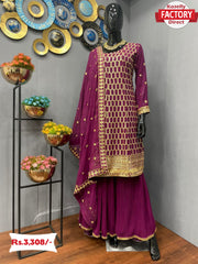 Wine Designer Kurtha Sharara Dupatta Set