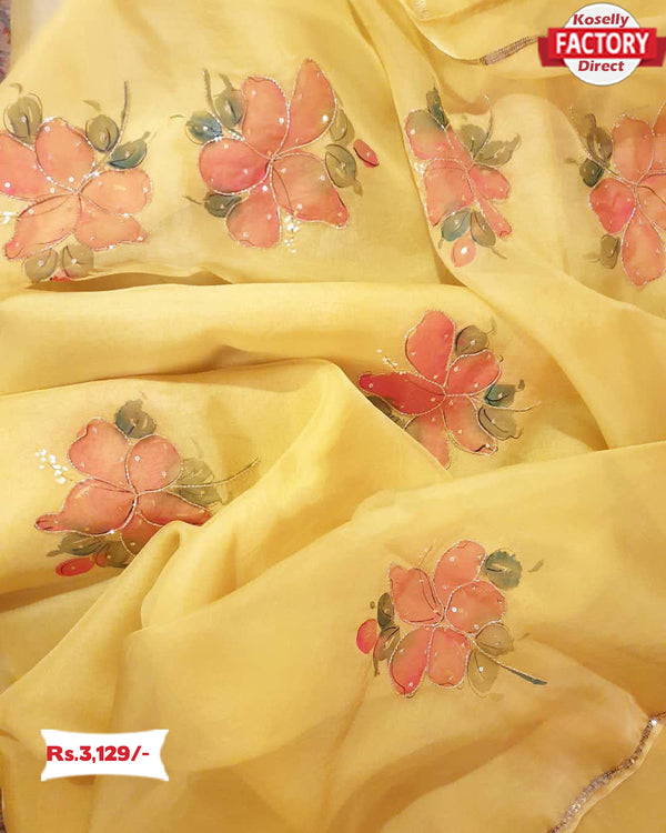 Yellow Pure Organza Handworked Saree