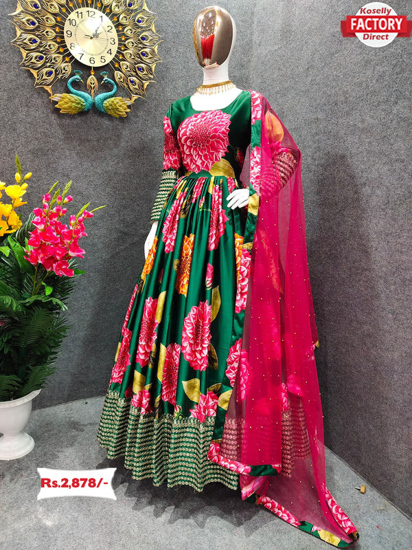 Green Floral Gown with Dupatta