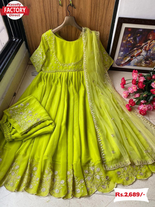 Neon Green Embroidered Gown with Pant and Dupatta