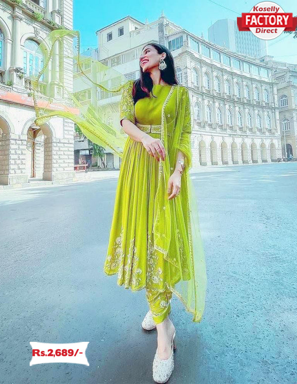 Neon Green Embroidered Gown with Pant and Dupatta