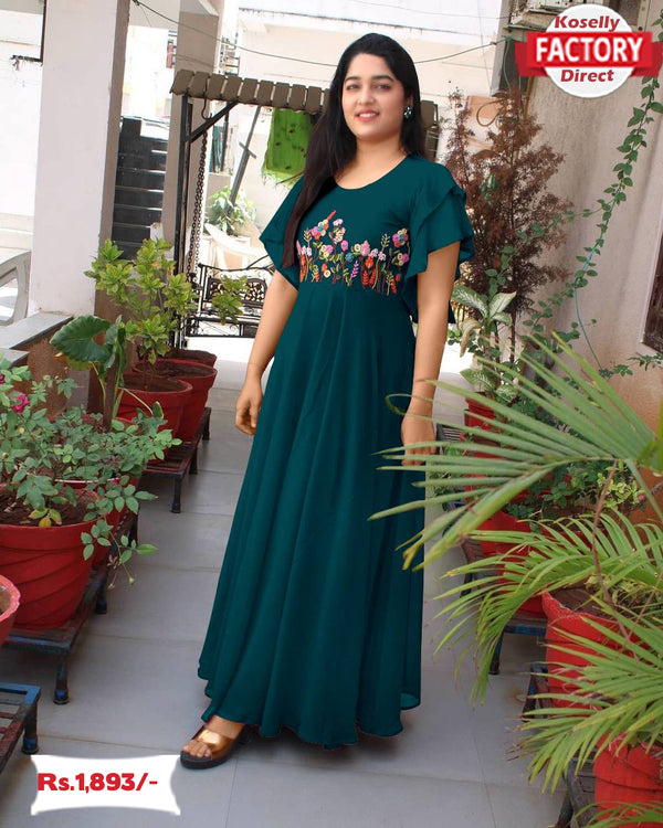 Green Embroidered Partywear Gown