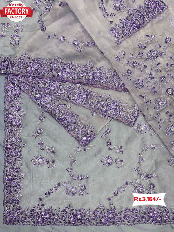 Lavender Organza Designer Embroidered Partywear Saree