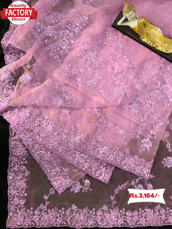 Pink Organza Designer Embroidered Partywear Saree