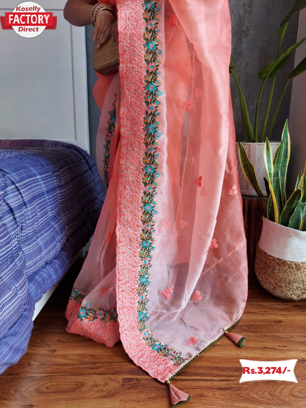 Multi-shaded Embroidered Pure Organza Saree