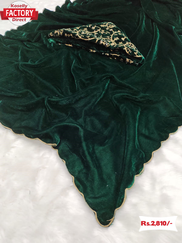 Dark Green Velvet Partywear Saree with Embroidered Blouse