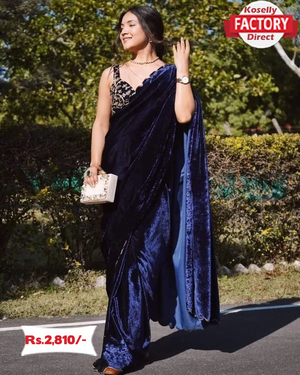 Navy Blue Pure Velvet Saree with Embroidered Blouse