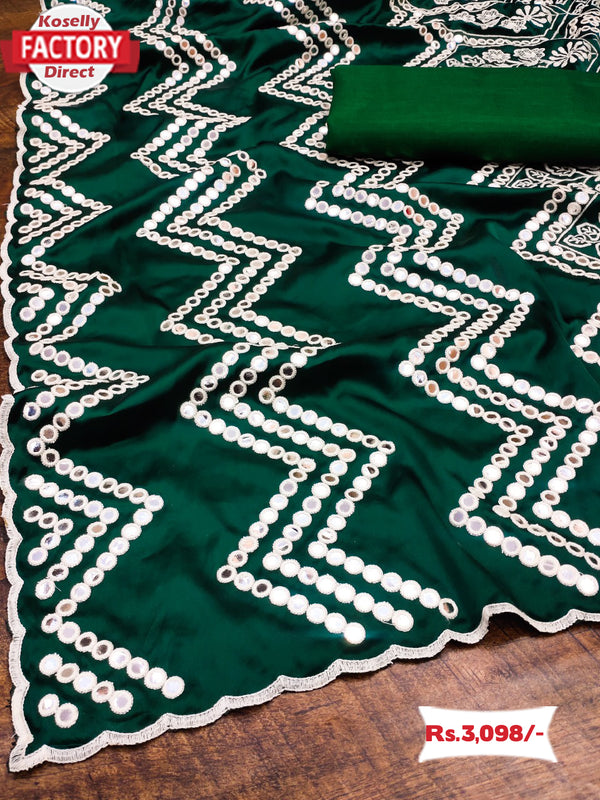 Green Crepe Silk Satin Embroidered Partywear Saree