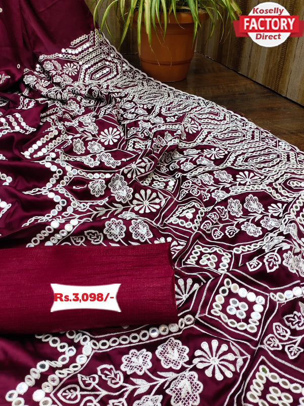 Wine Crepe Silk Satin Embroidered Partywear Saree