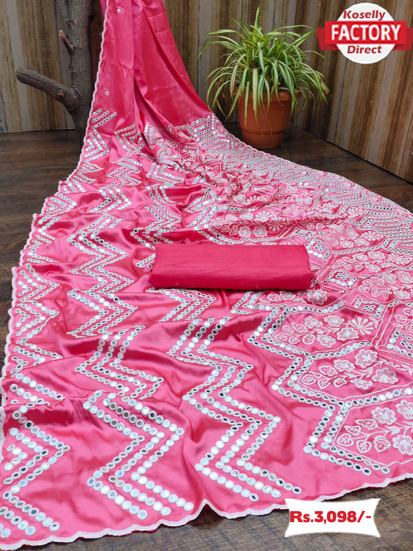 Pink Crepe Silk Satin Embroidered Partywear Saree