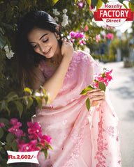 Baby Pink Organza Embroidered Partywear Saree