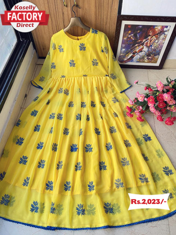 Yellow Thread Embroidered Gown