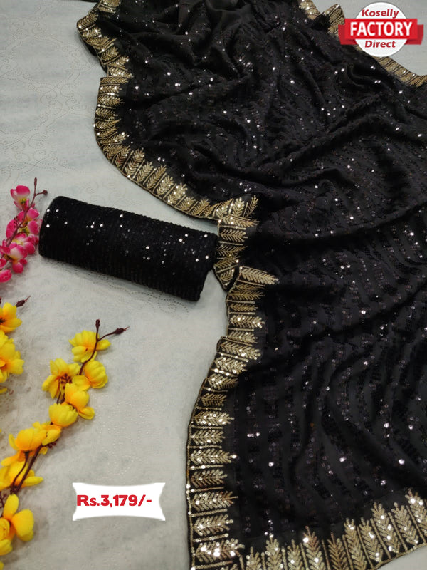 Black Georgette Sequins Embroidered Saree