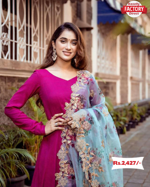 Pink Rayon Gown With Organza Dupatta
