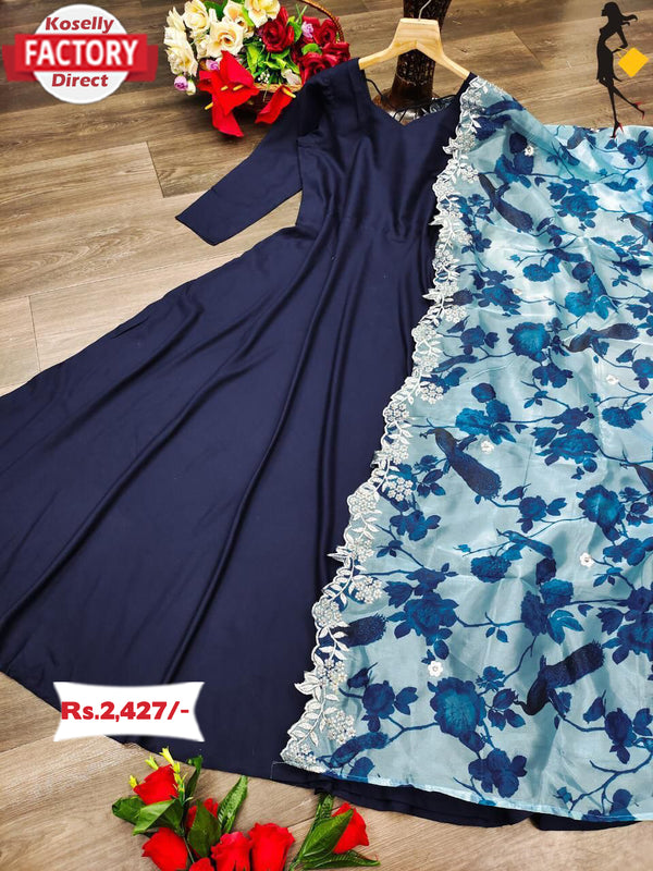 Navy Blue Rayon Gown With Organza Dupatta