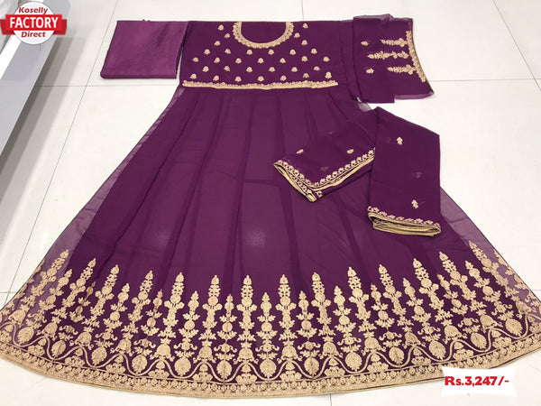 Wine Semi-Stitched Georgette Embroidered Gown with Dupatta