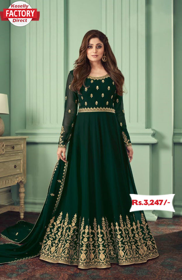 Dark Green Semi-Stitched Georgette Embroidered Gown with Dupatta